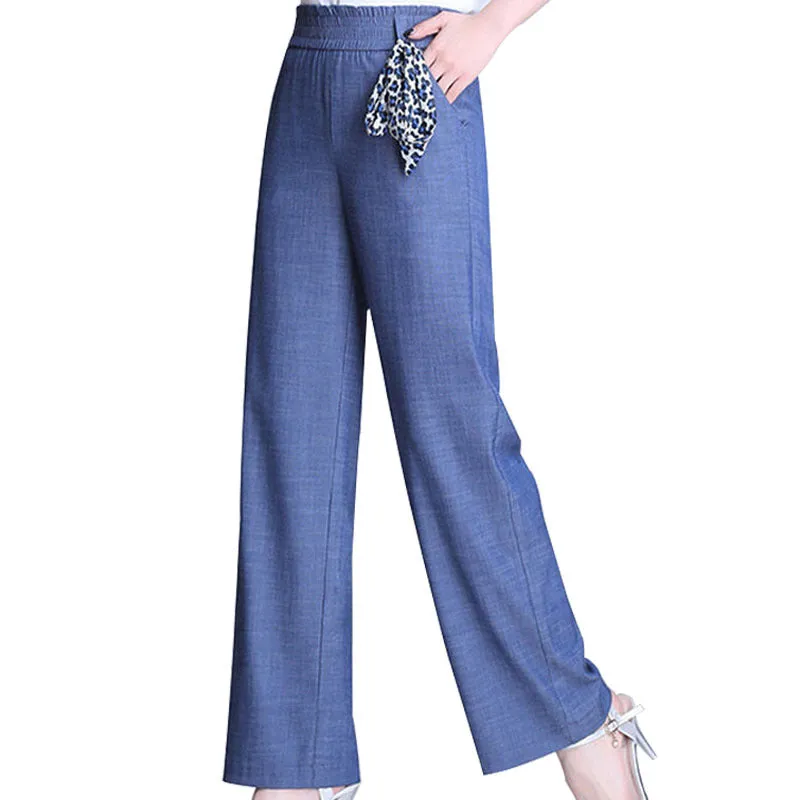 Denim Pants Ice Silk Drape Wide Leg Women High Waist Loose Plus Size Straight Casual Pants