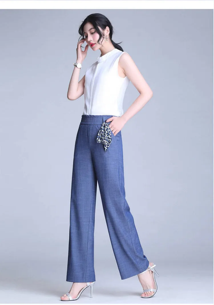 Denim Pants Ice Silk Drape Wide Leg Women High Waist Loose Plus Size Straight Casual Pants