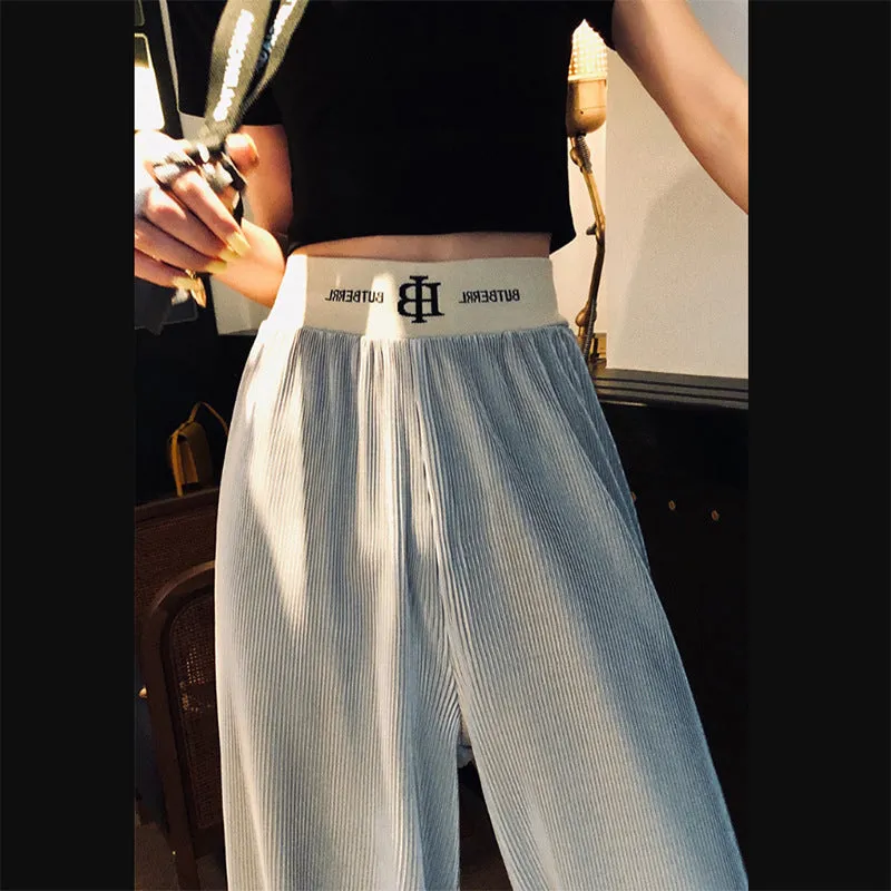 Drape High Waist Wide Leg Pants Women Loose Slim Look Elastic Straight Jeans Summer Korean Casual Floor Length Pants