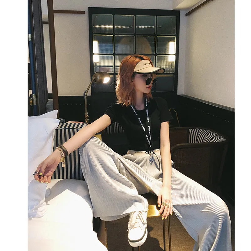 Drape High Waist Wide Leg Pants Women Loose Slim Look Elastic Straight Jeans Summer Korean Casual Floor Length Pants