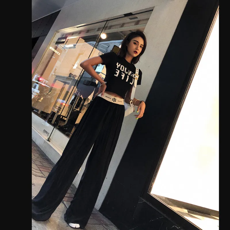 Drape High Waist Wide Leg Pants Women Loose Slim Look Elastic Straight Jeans Summer Korean Casual Floor Length Pants