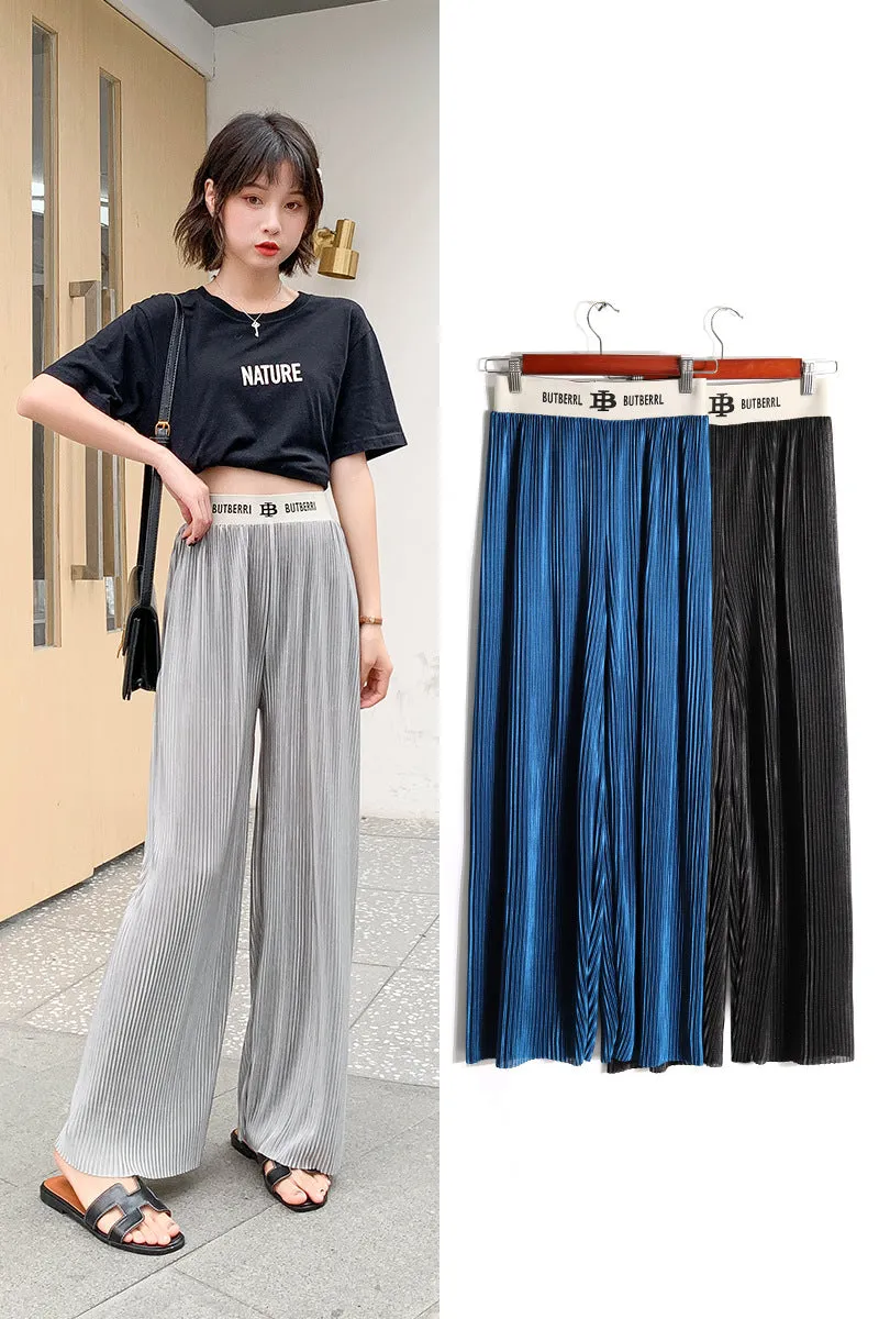 Drape High Waist Wide Leg Pants Women Loose Slim Look Elastic Straight Jeans Summer Korean Casual Floor Length Pants