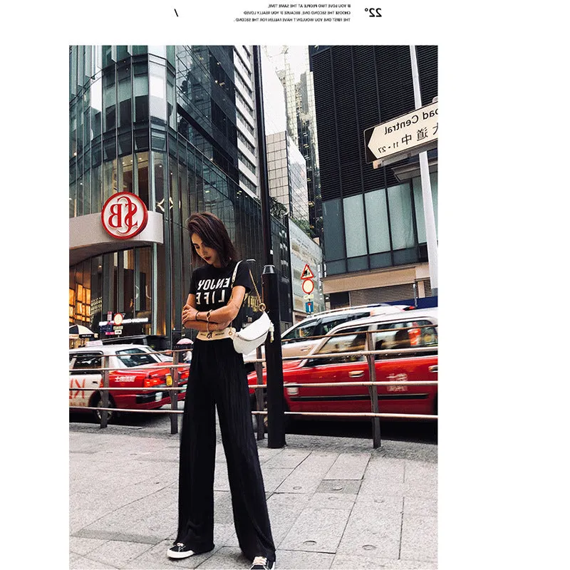 Drape High Waist Wide Leg Pants Women Loose Slim Look Elastic Straight Jeans Summer Korean Casual Floor Length Pants