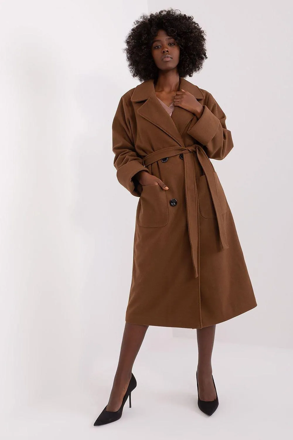 Elegant Double-Breasted Wool Blend Overcoat with Adjustable Belt