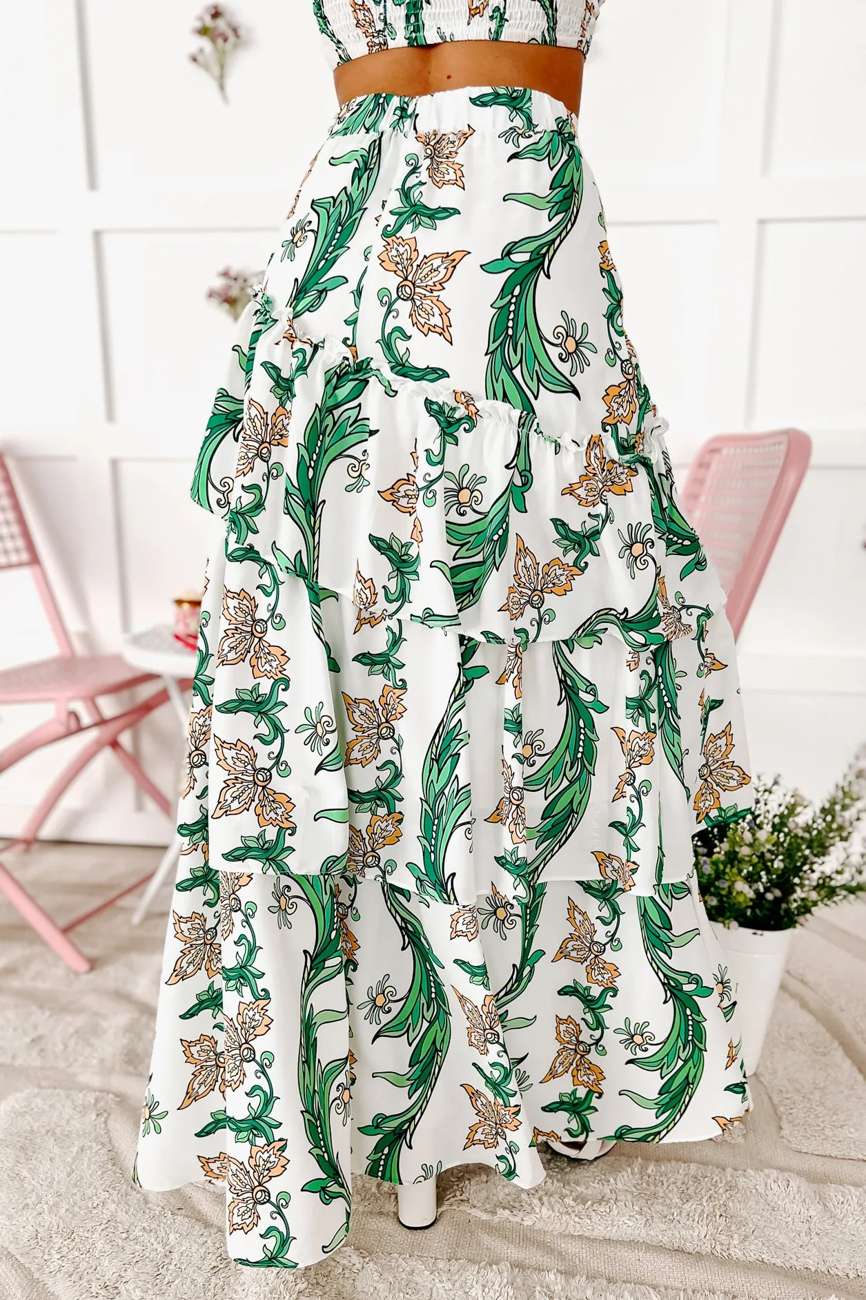 Flourishing Beauty Floral Crop Top & Skirt Set (Green/White/Yellow)