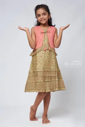 Green Geometrical Pleated Cotton Frock with Salmon Overcoat - Stylish Girls Dress