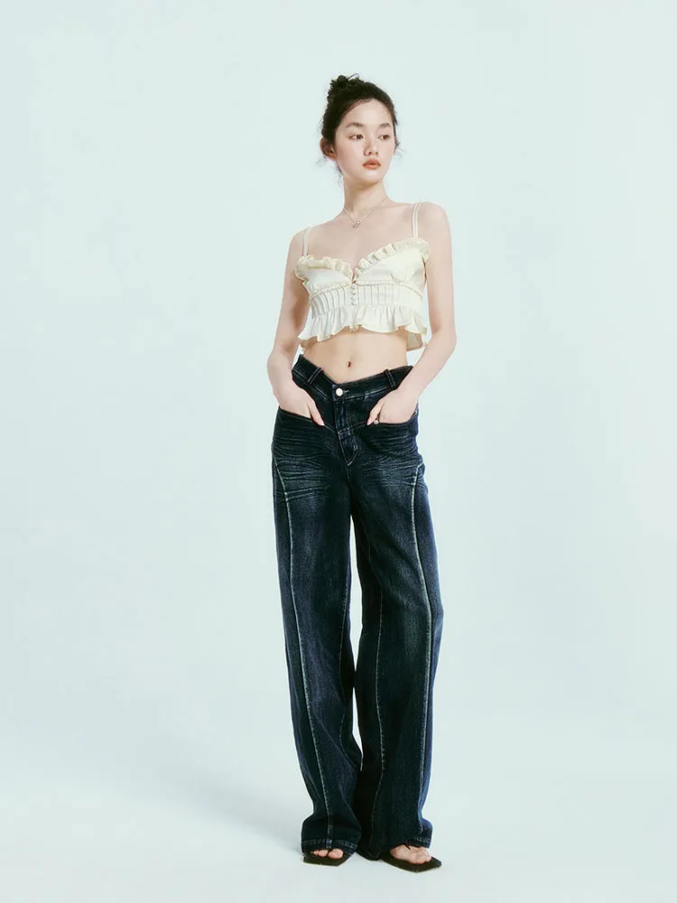 High-Waist Denim Wide Casual Pants