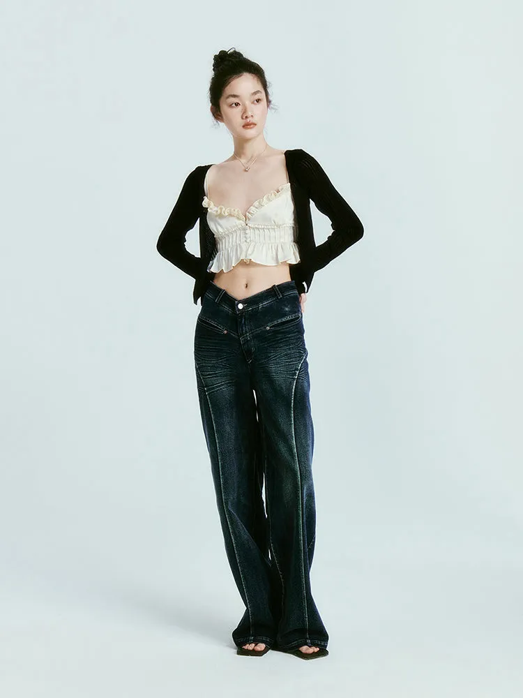 High-Waist Denim Wide Casual Pants