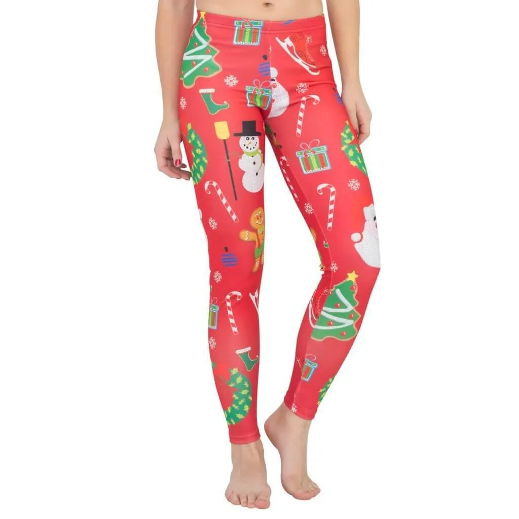 Holiday Symbols All Over Red Ugly Christmas Leggings