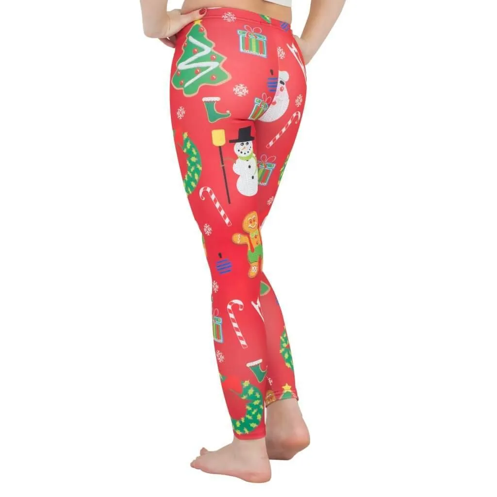 Holiday Symbols All Over Red Ugly Christmas Leggings