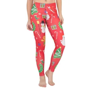 Holiday Symbols All Over Red Ugly Christmas Leggings