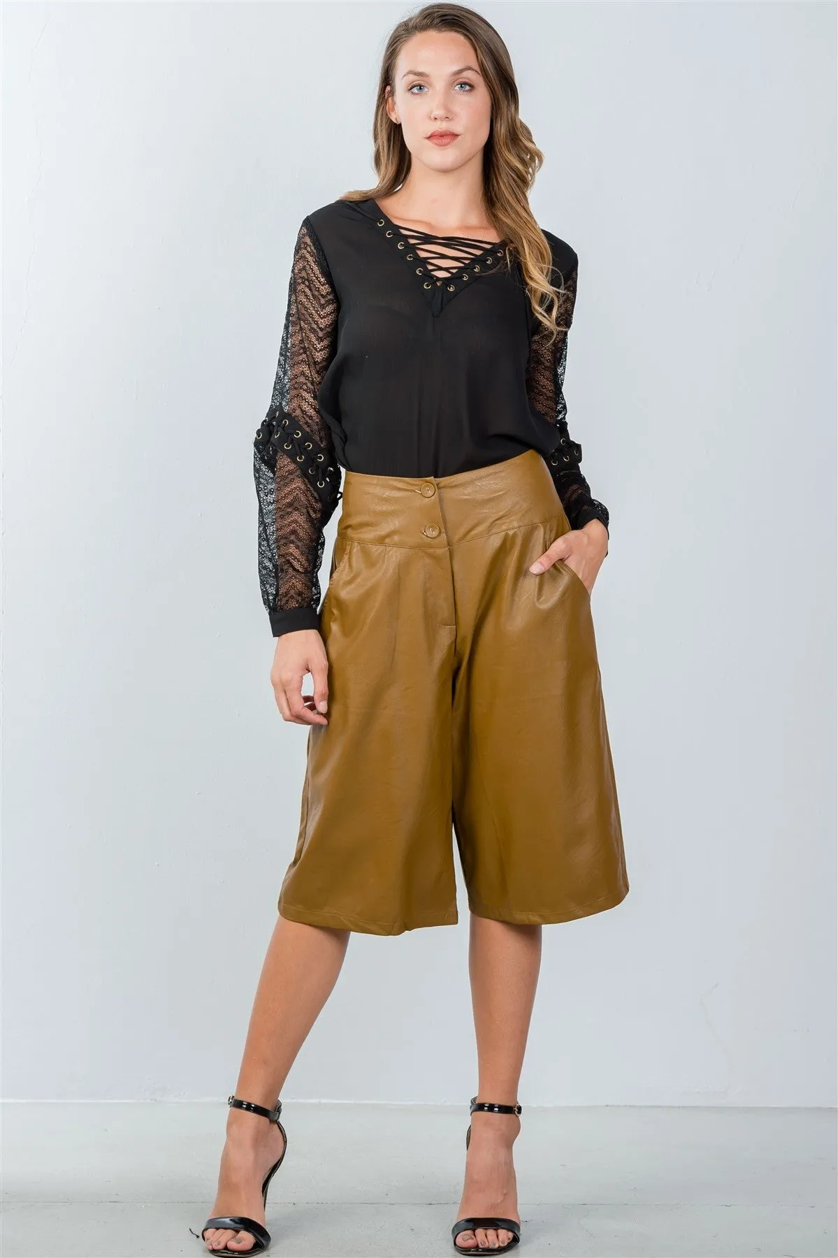 Ladies fashion camel wide leg faux leather culottes