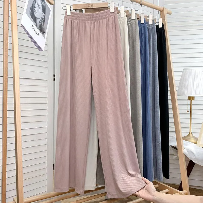 Loose High Waist Knitted Striped Wide Leg Pants Women Slim Look All-Matching Drape Floor Length Straight Casual Pants