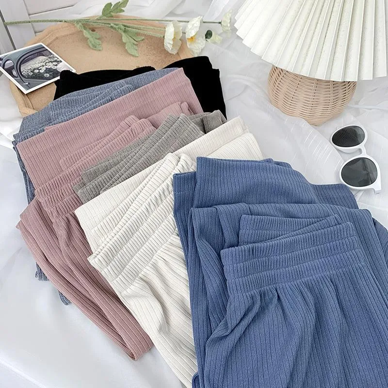 Loose High Waist Knitted Striped Wide Leg Pants Women Slim Look All-Matching Drape Floor Length Straight Casual Pants