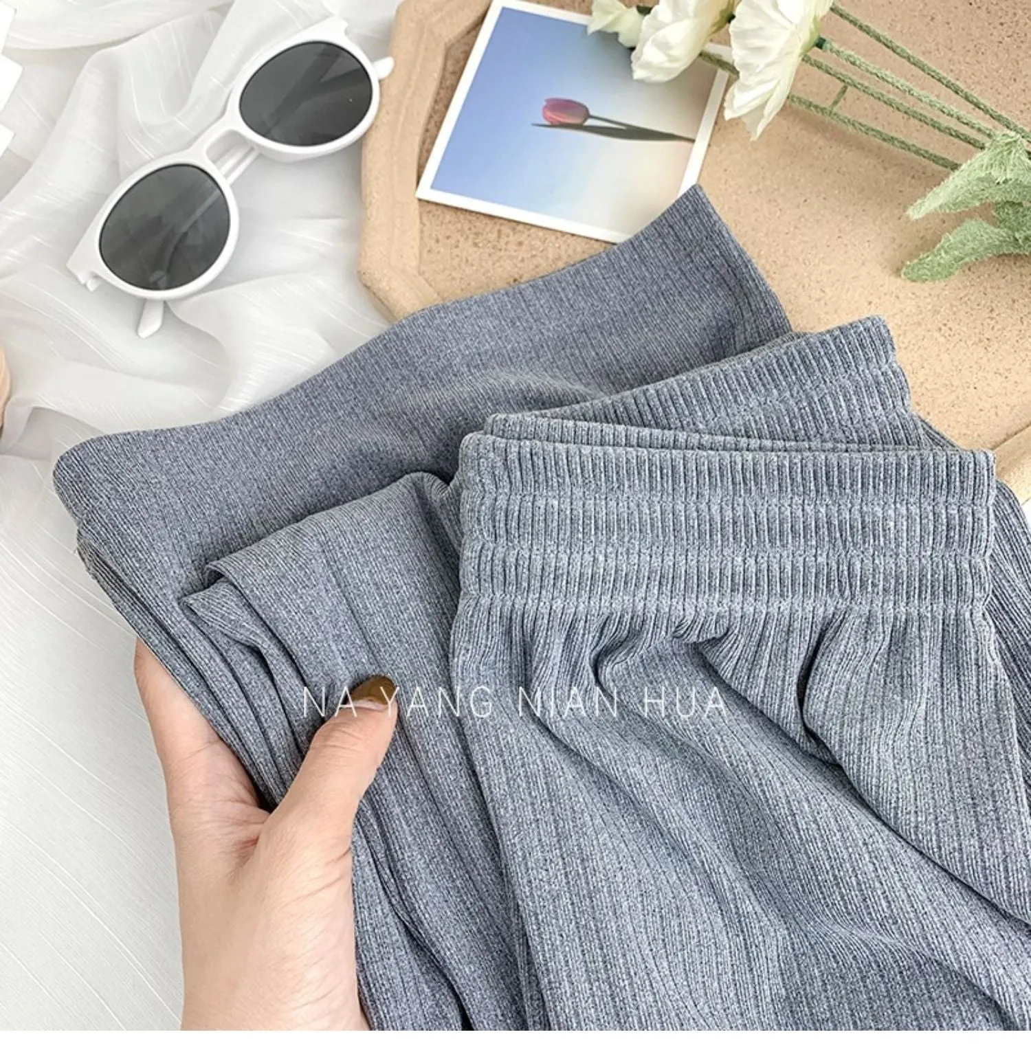 Loose High Waist Knitted Striped Wide Leg Pants Women Slim Look All-Matching Drape Floor Length Straight Casual Pants