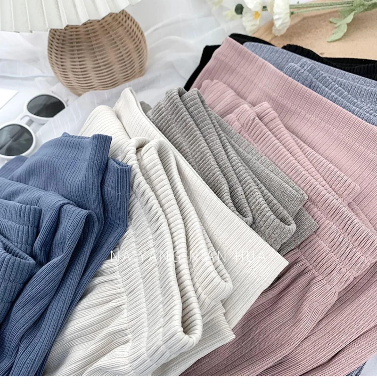 Loose High Waist Knitted Striped Wide Leg Pants Women Slim Look All-Matching Drape Floor Length Straight Casual Pants