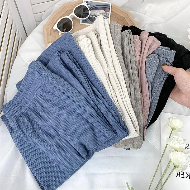 Loose High Waist Knitted Striped Wide Leg Pants Women Slim Look All-Matching Drape Floor Length Straight Casual Pants