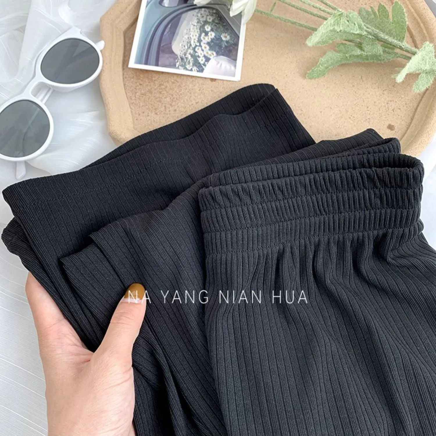 Loose High Waist Knitted Striped Wide Leg Pants Women Slim Look All-Matching Drape Floor Length Straight Casual Pants