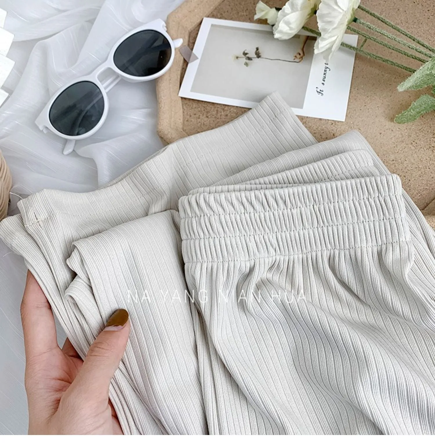 Loose High Waist Knitted Striped Wide Leg Pants Women Slim Look All-Matching Drape Floor Length Straight Casual Pants