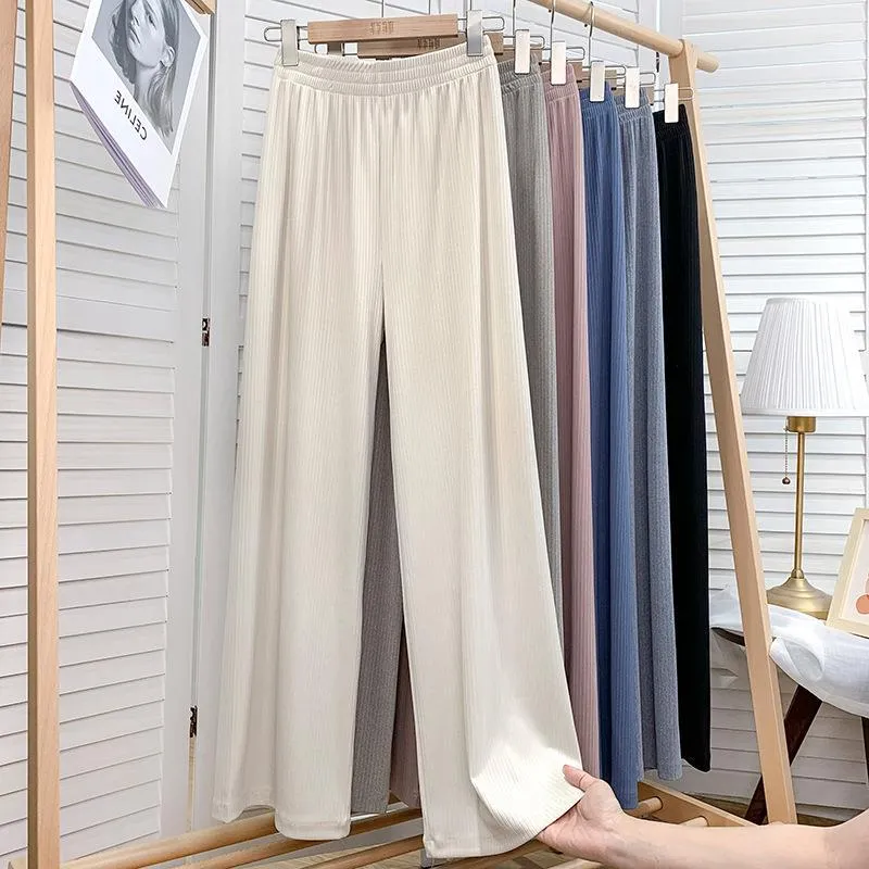 Loose High Waist Knitted Striped Wide Leg Pants Women Slim Look All-Matching Drape Floor Length Straight Casual Pants