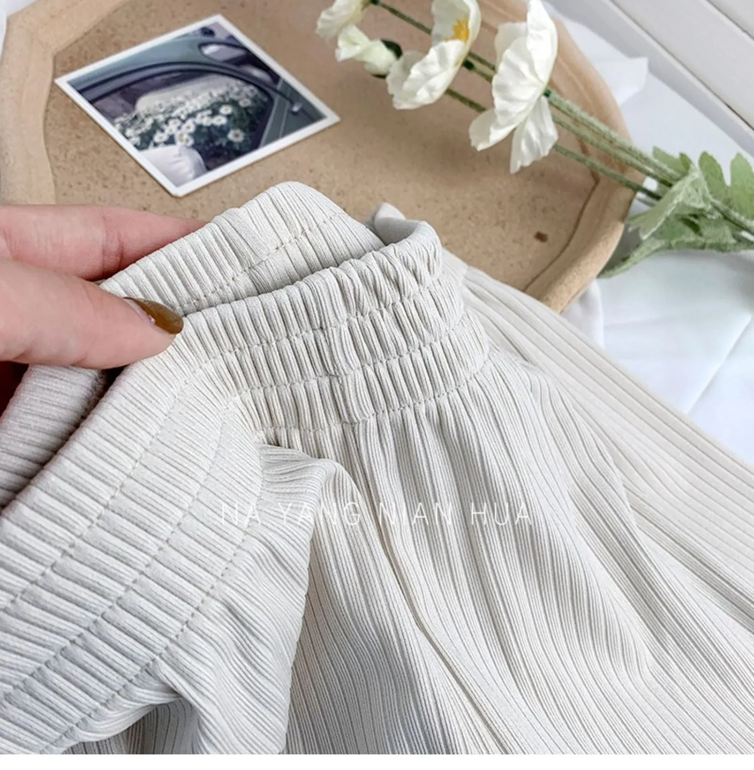 Loose High Waist Knitted Striped Wide Leg Pants Women Slim Look All-Matching Drape Floor Length Straight Casual Pants