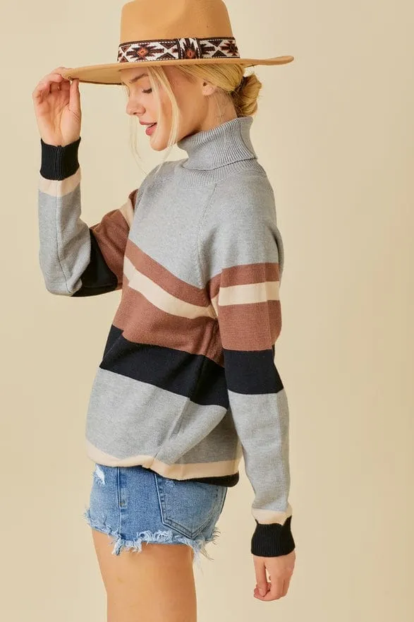 Main Strip Color Block Turtleneck Sweater