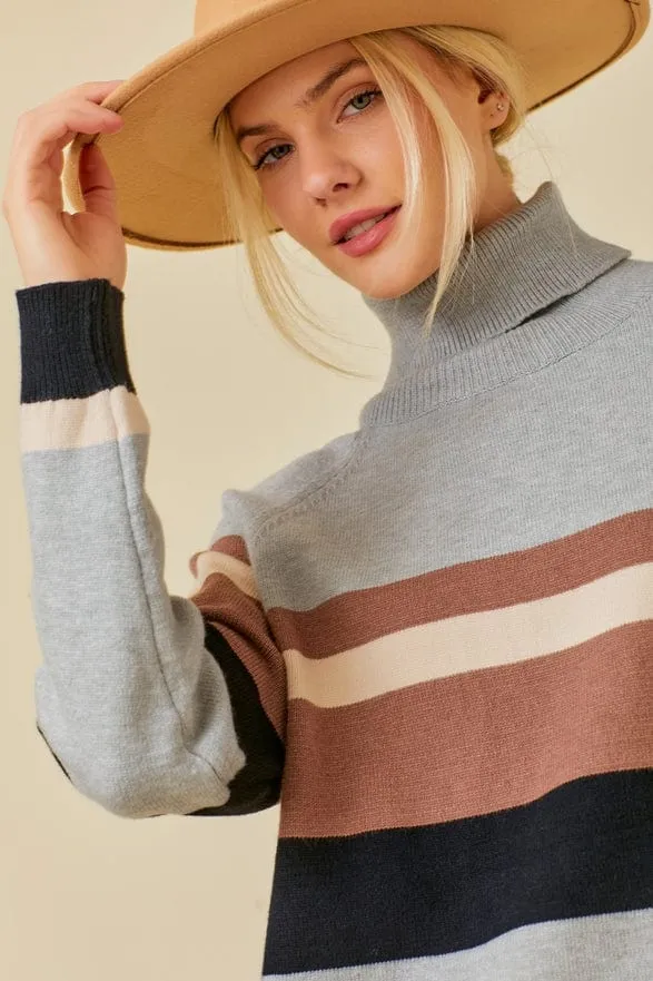 Main Strip Color Block Turtleneck Sweater