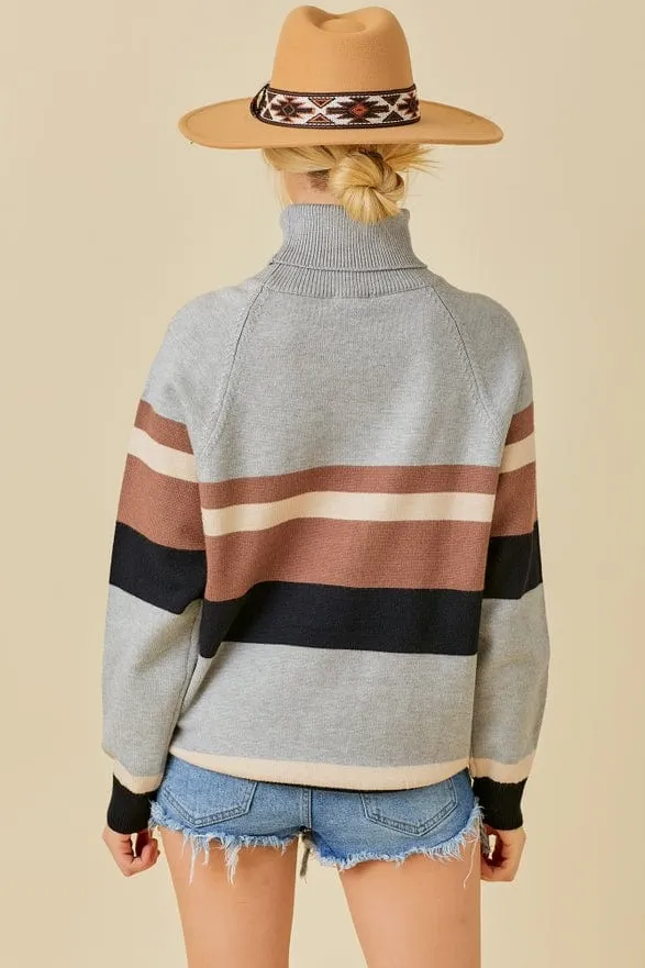 Main Strip Color Block Turtleneck Sweater