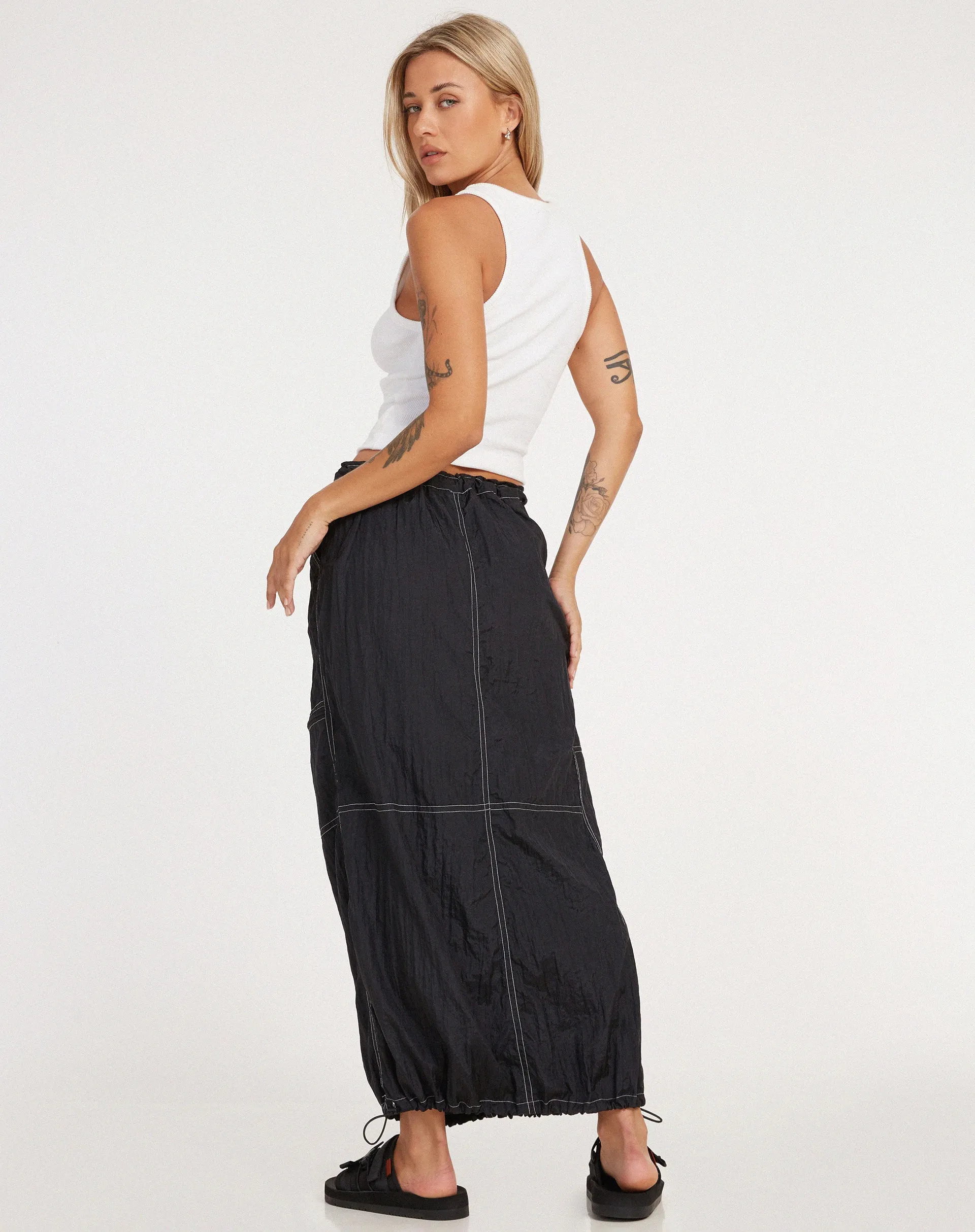 Masao Maxi Skirt in Parachute Black with White Stitch