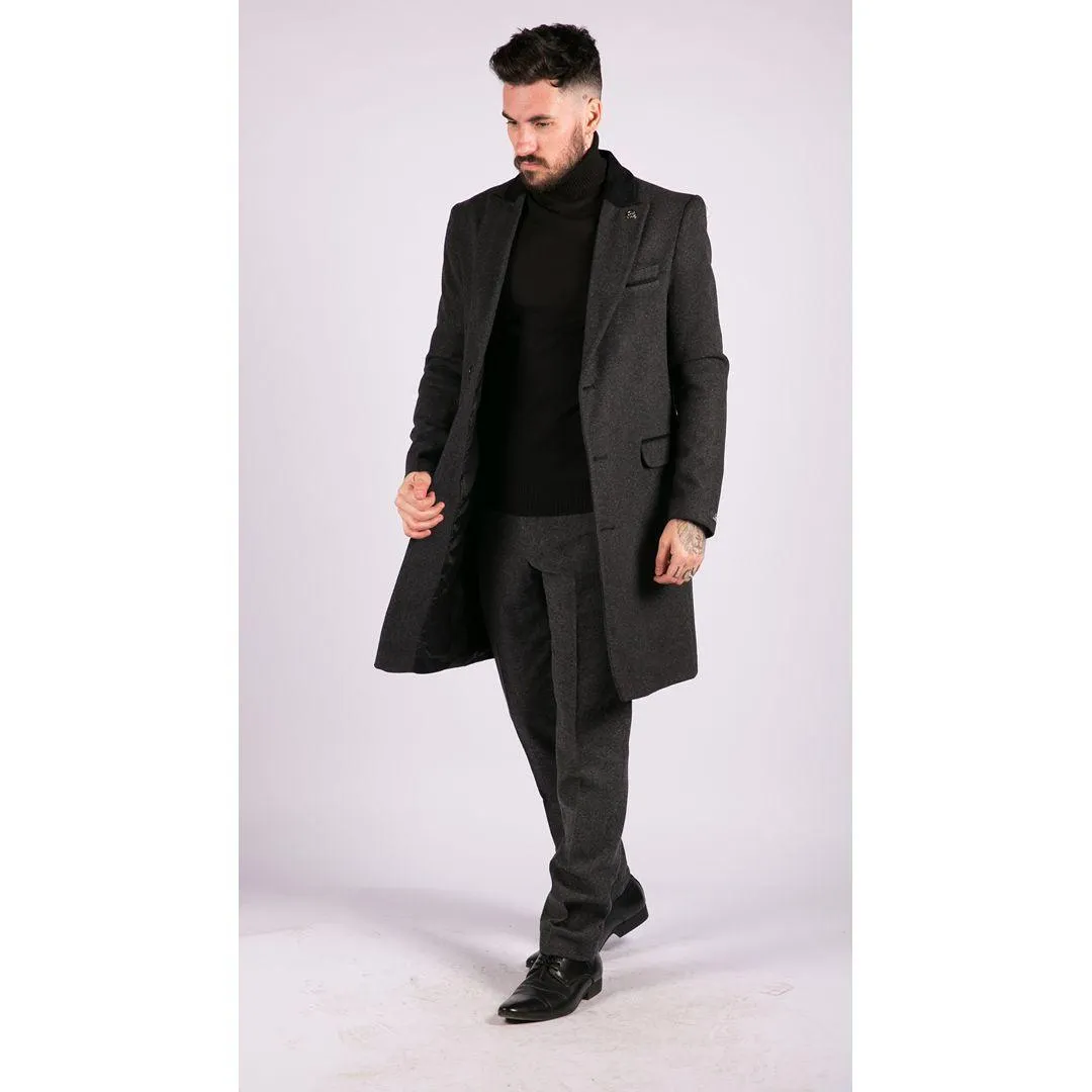 Mens 3/4 Long Overcoat Jacket Herringbone Tweed Coat Peaky Blinders Fit