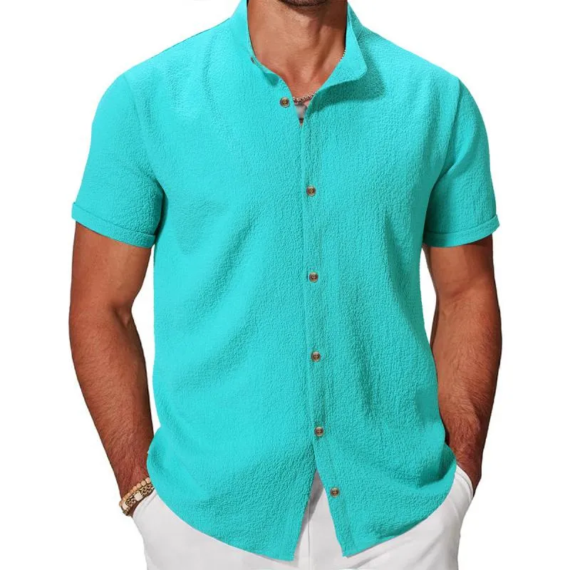 Men's Casual Cotton Linen Stand Collar Single Breasted Short Sleeve Shirt 19700465M