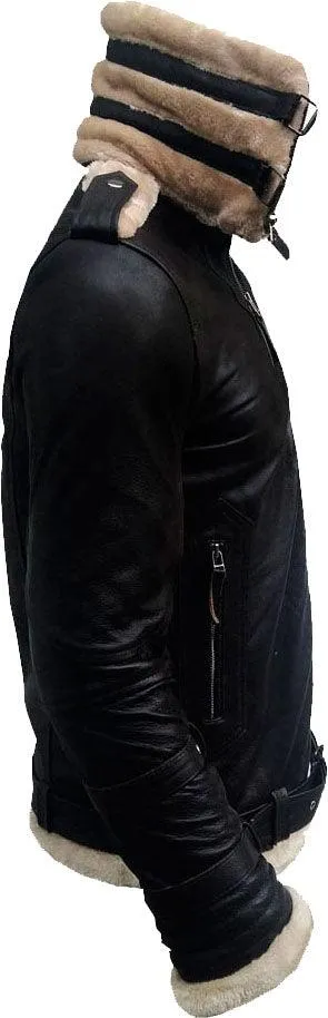 Men's Double Collar Dark Brown Leather Jacket With Fur