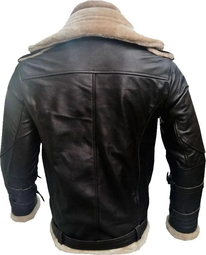 Men's Double Collar Dark Brown Leather Jacket With Fur