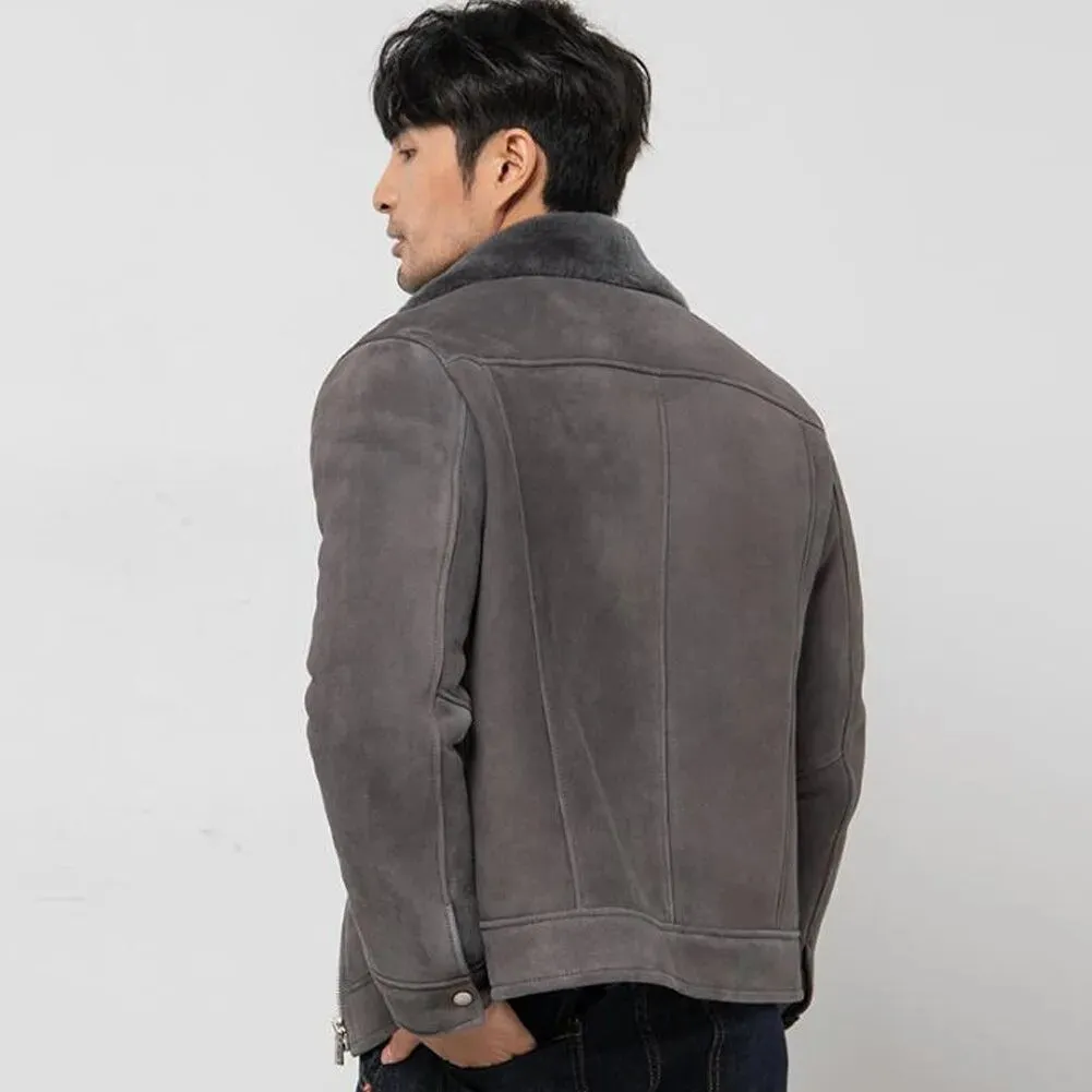 Men's Grey Shearling Jacket - Sheepskin Leather with Fur Lining