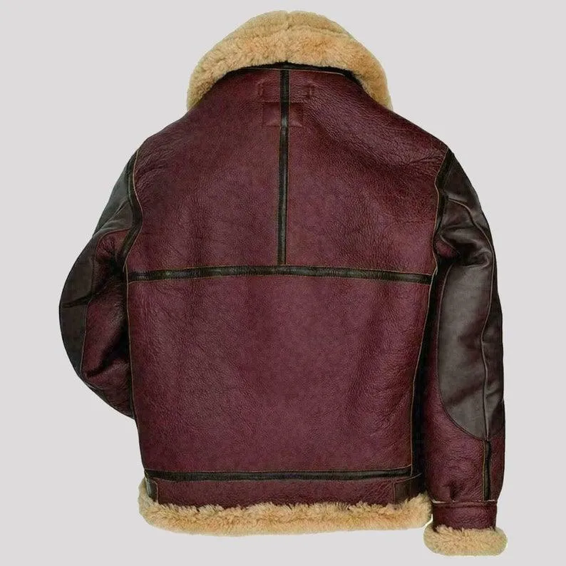 Men's Maroon RAF Flying Brown Aviator Fur Shearling B3 Bomber Real Leather Jacket