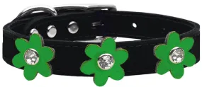 Metallic Flower Leather Collar Black With Metallic Emerald Green Flowers Size 20