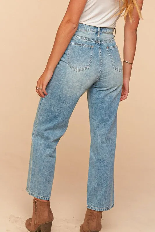 Mid Blue Ripped Patchwork High Waist Straight Leg Jeans