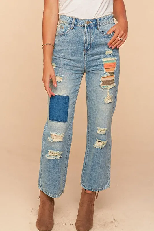 Mid Blue Ripped Patchwork High Waist Straight Leg Jeans