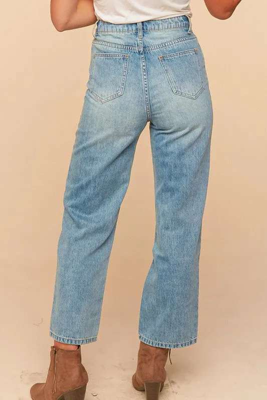 Mid Blue Ripped Patchwork High Waist Straight Leg Jeans