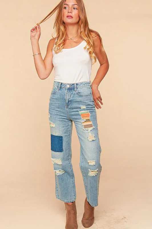 Mid Blue Ripped Patchwork High Waist Straight Leg Jeans