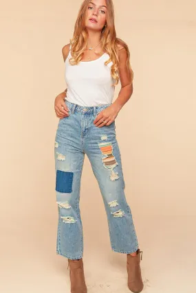 Mid Blue Ripped Patchwork High Waist Straight Leg Jeans