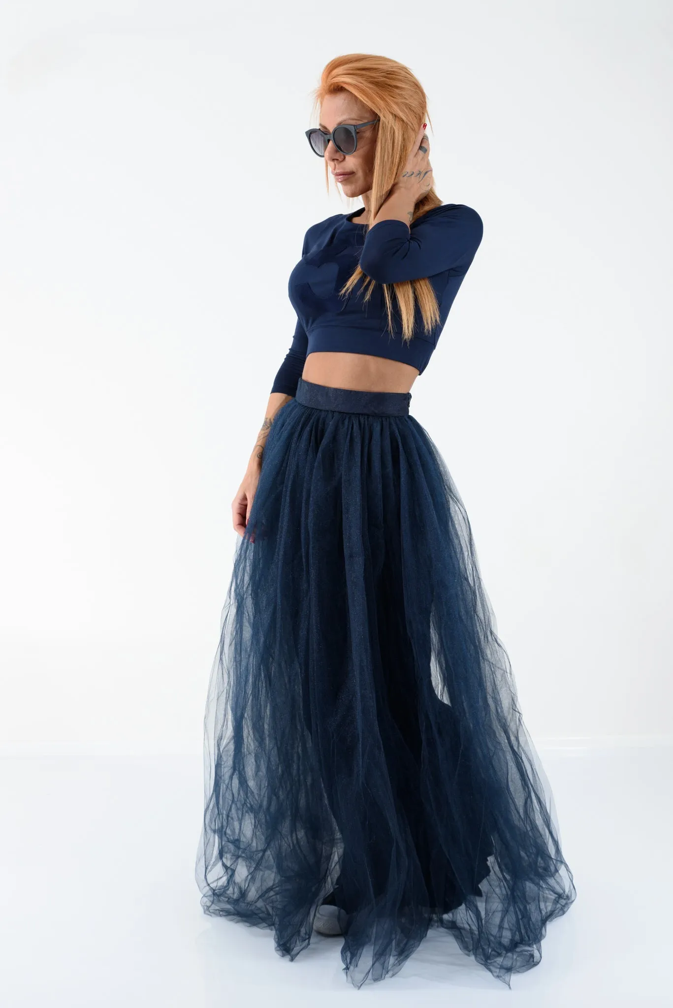 Navy Maxi Tulle Skirt with High Waist