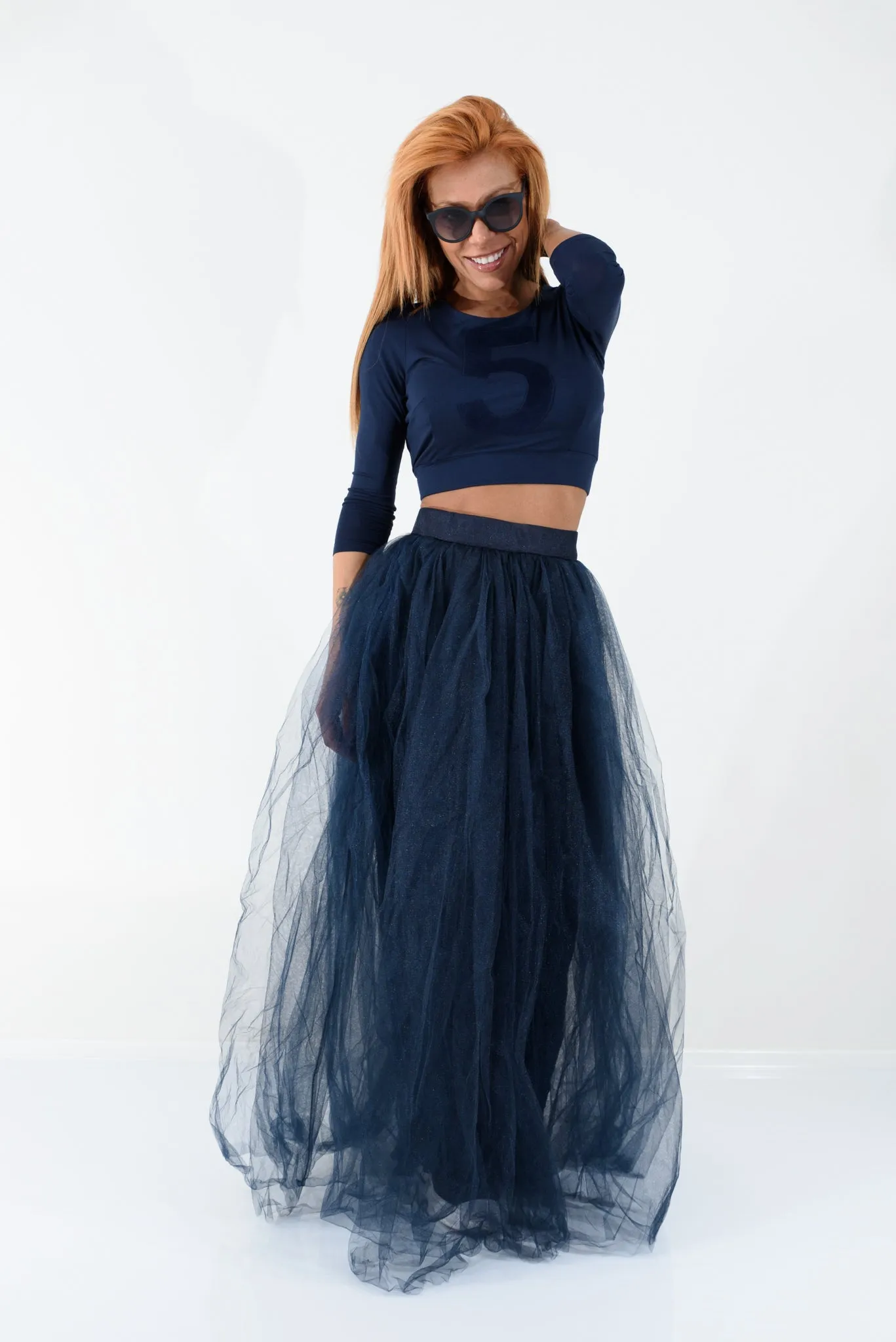 Navy Maxi Tulle Skirt with High Waist