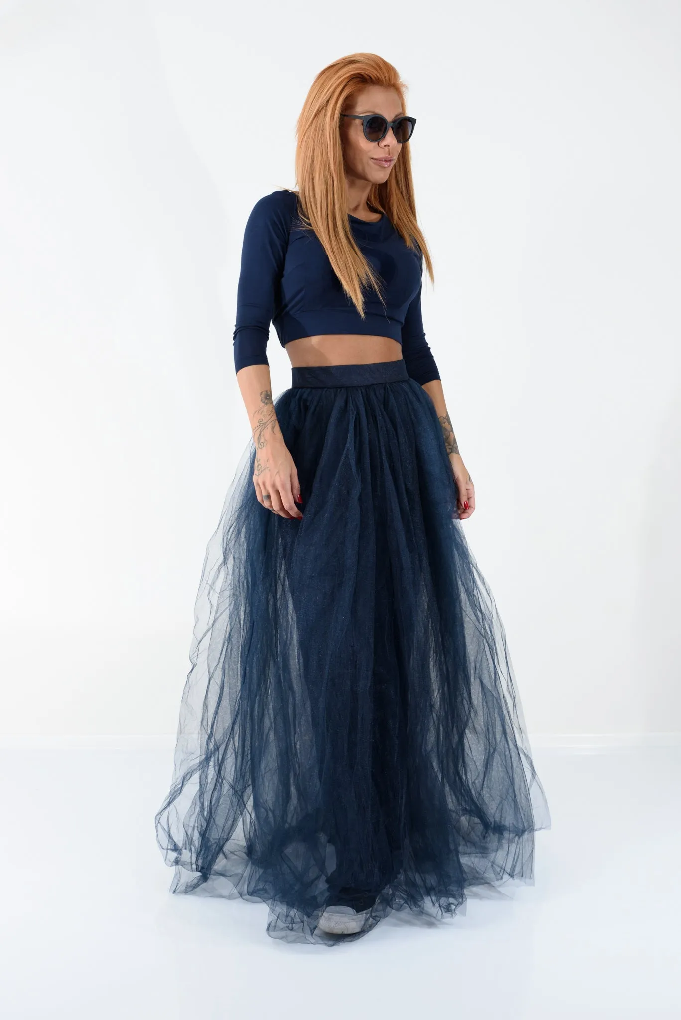 Navy Maxi Tulle Skirt with High Waist