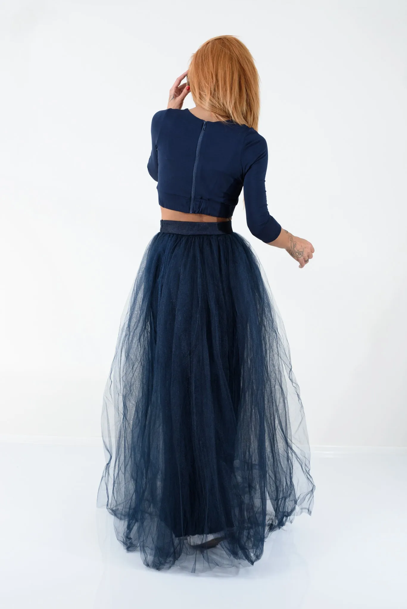 Navy Maxi Tulle Skirt with High Waist