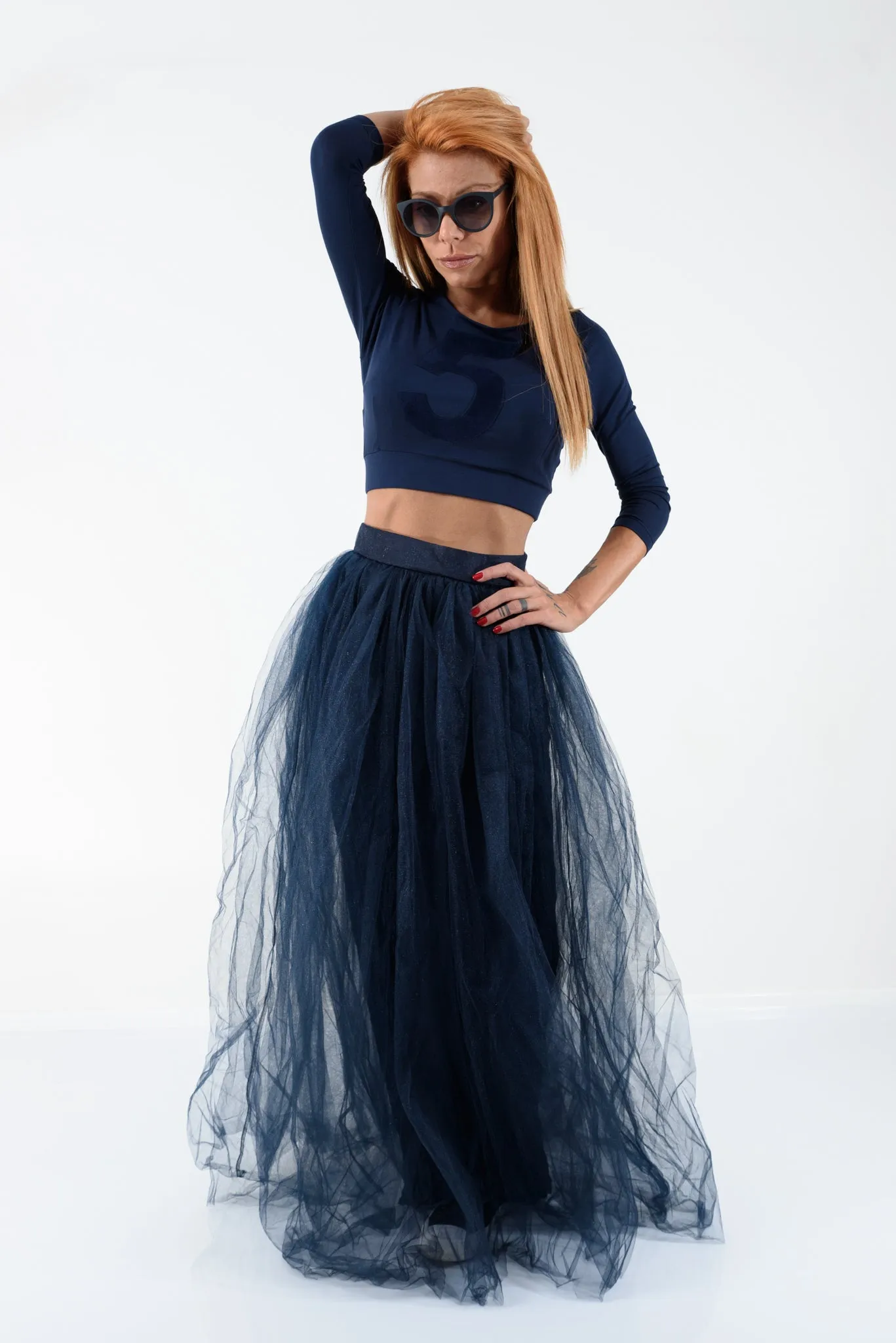 Navy Maxi Tulle Skirt with High Waist