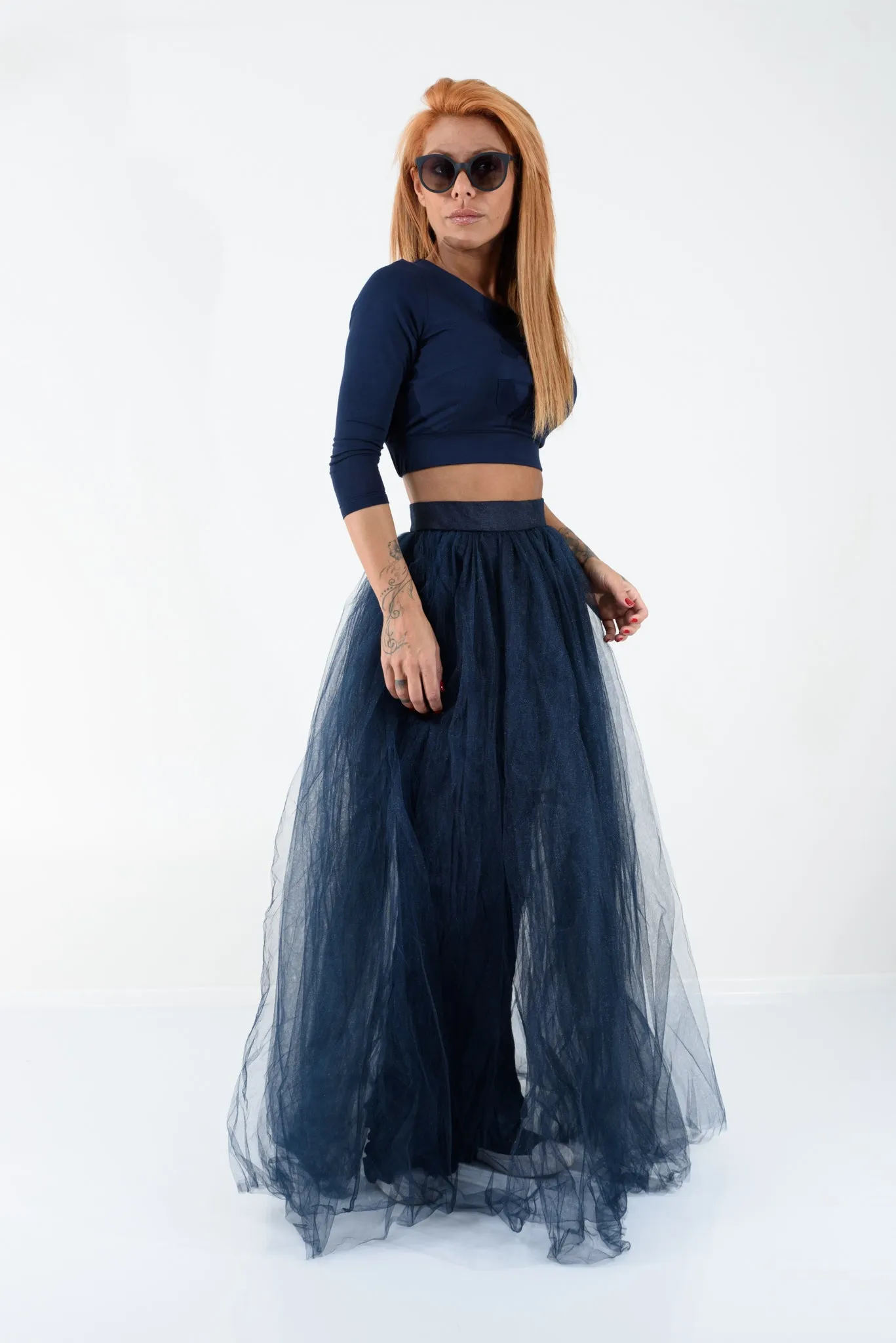 Navy Maxi Tulle Skirt with High Waist