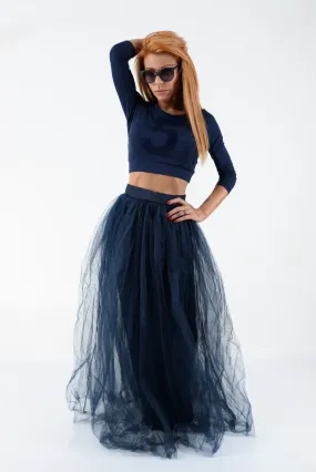 Navy Maxi Tulle Skirt with High Waist