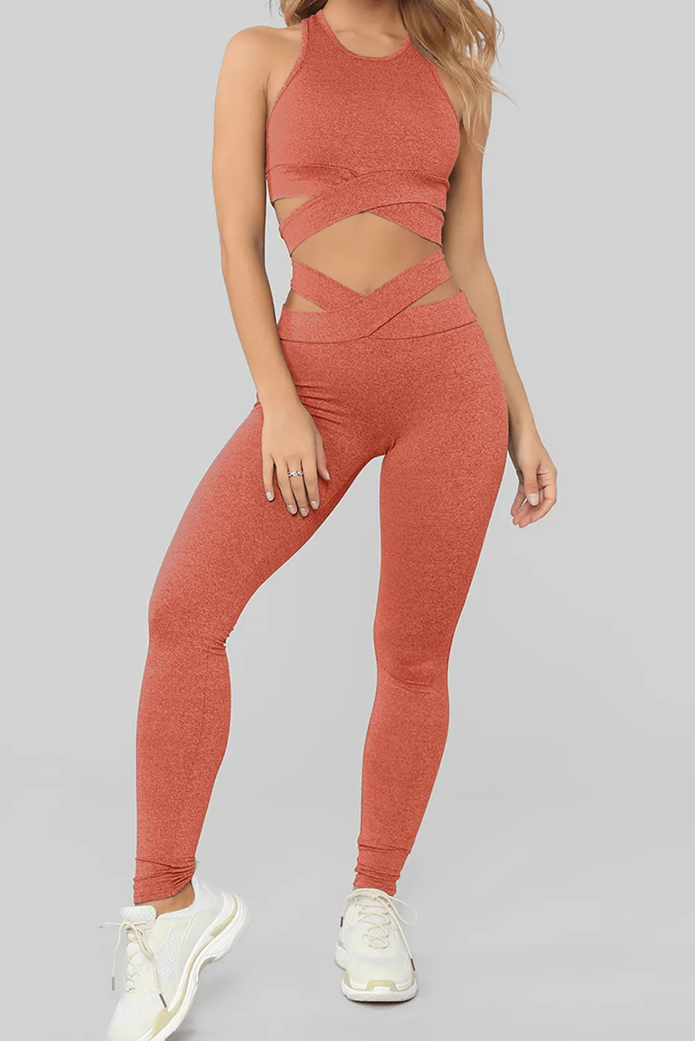 Orange Crisscross Sports Bra And Leggings Set