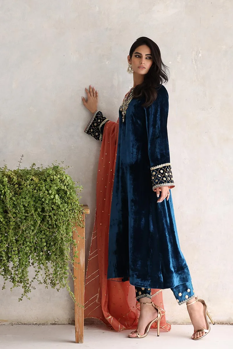 Pakistani Kameez Shalwar in Teal Pure Velvet #PF164